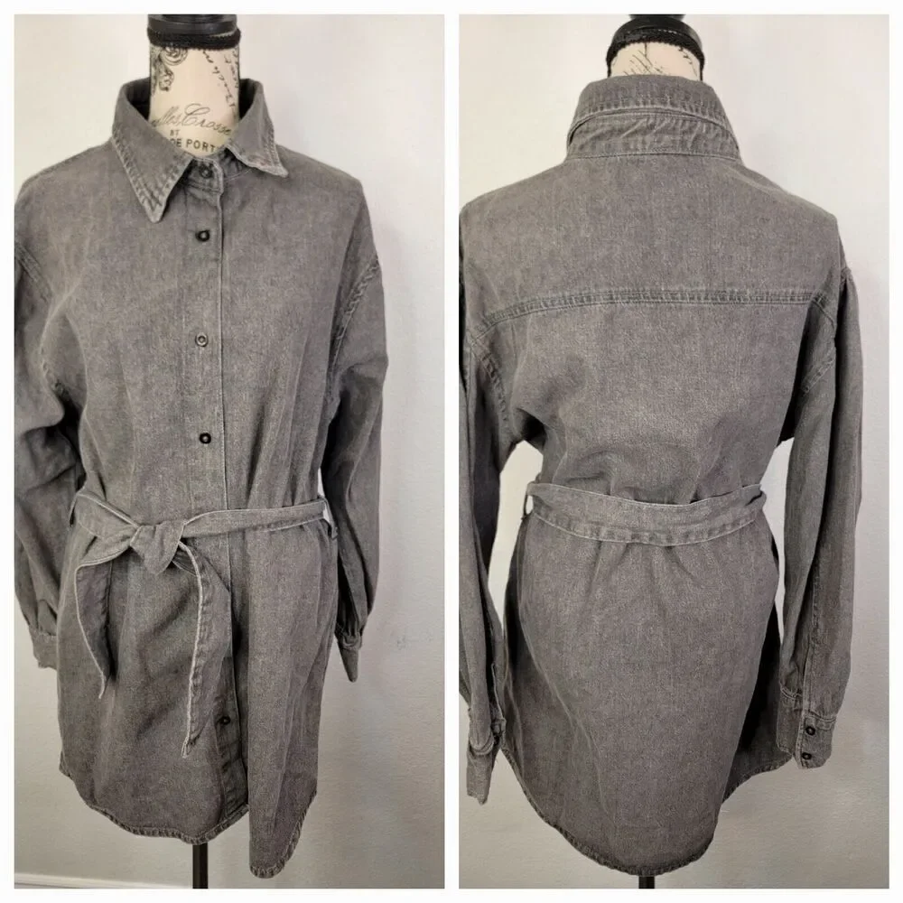 AVEC LES FILLESDenim Shirt Dress Medium Acid Wash Denim Button Up Tie Waist